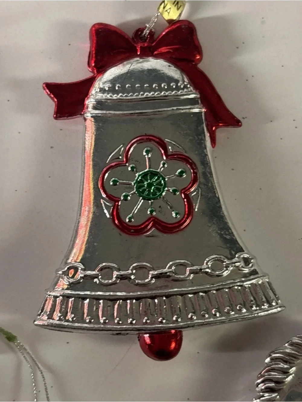 4 Metallic Silver Red Green Hard Plastic‎ Christmas Ornaments Rocking Horse Bell